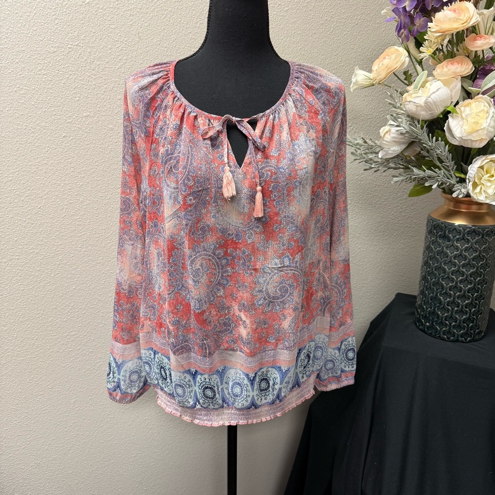 Lucky Brand Boho Paisley Peasant Top L Coral Blue Tassel Blouse Spring Summer